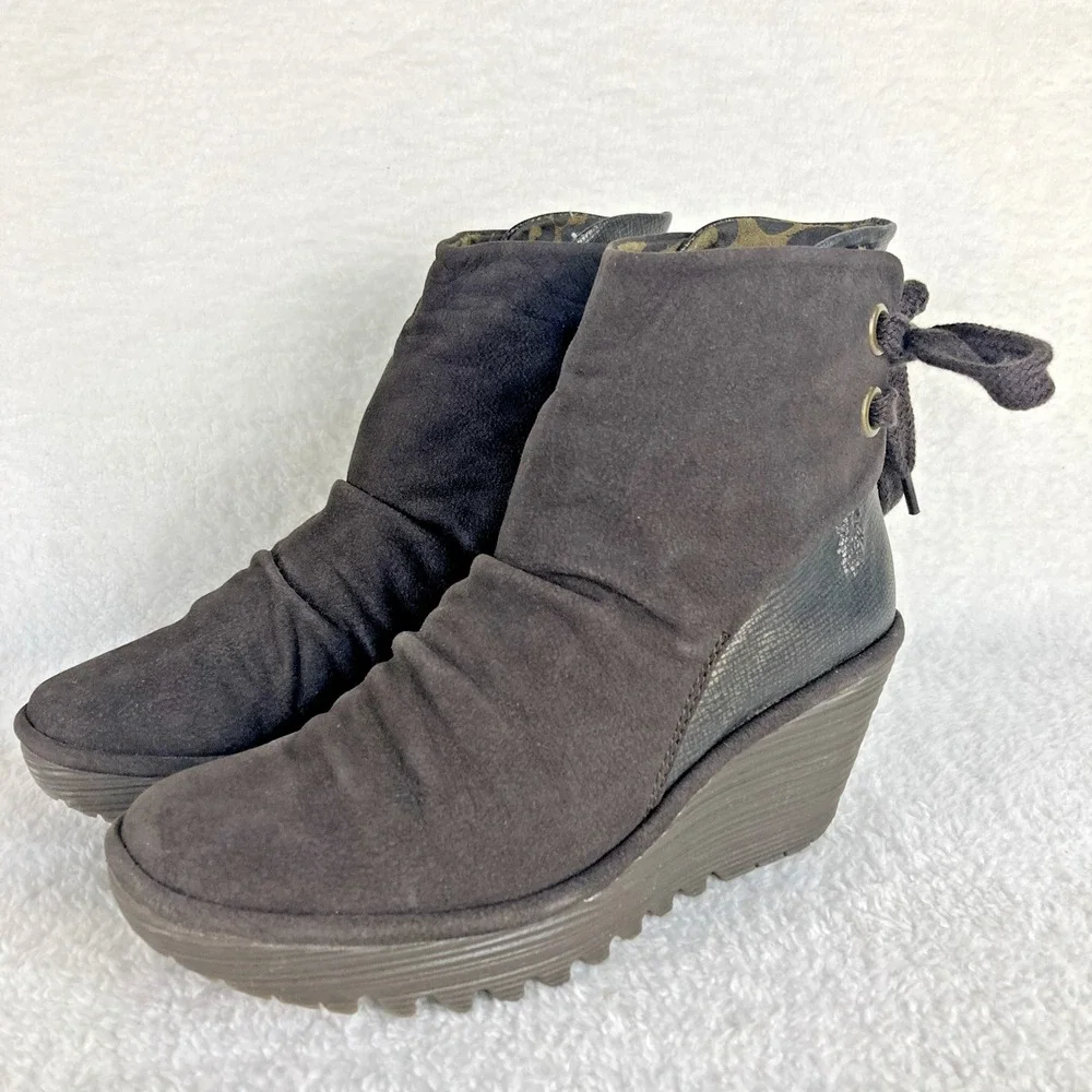 Fly London Yama Women's Suede Wedge Ankle Boots EU 37 US‎ 6.5-7  Gray Boho